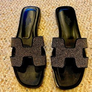 Hermes Oran black glitter sandals size 37